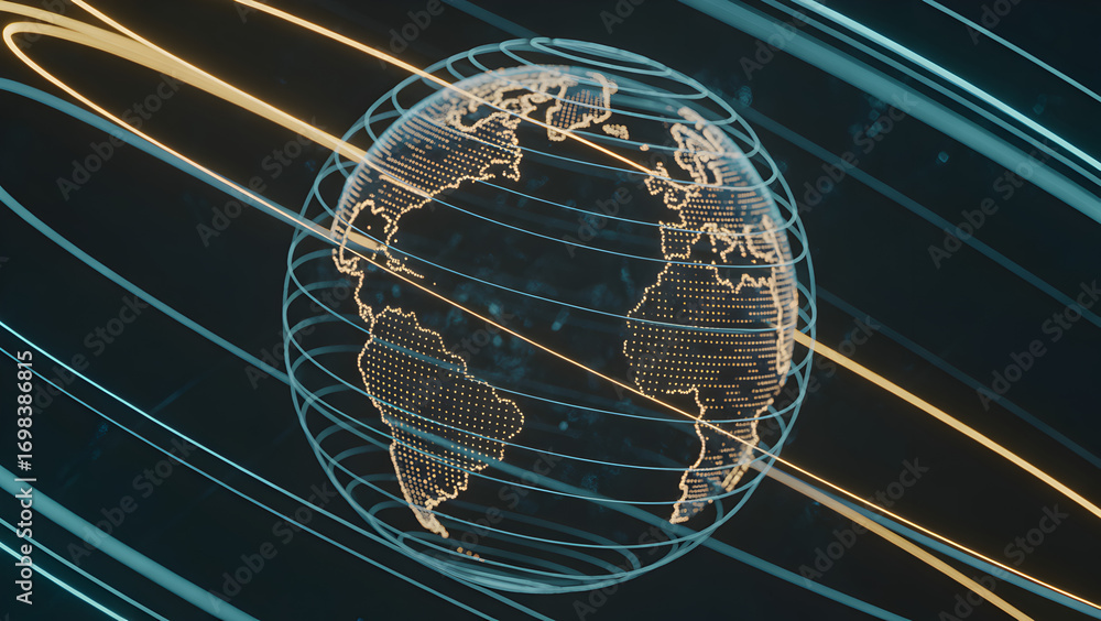 Glowing abstract digital globe with orbiting light trails in dark space ...