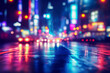 © SMK - Vibrant city street at night with blurred neon lights and colorful reflections on wet asphalt. Urban traffic scene with dynamic bokeh effect.