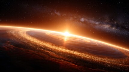 Wall Mural - Stunning Celestial Sunrise Over a Vibrant Planet Surrounded by Twinkling Stars in the Universe