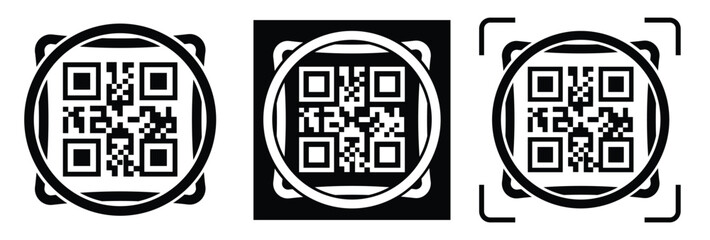 High-contrast black and white QR code with grid squares, centered in frame. Simple thin black border. Clean digital design, technical style, suitable for scanning or template use.