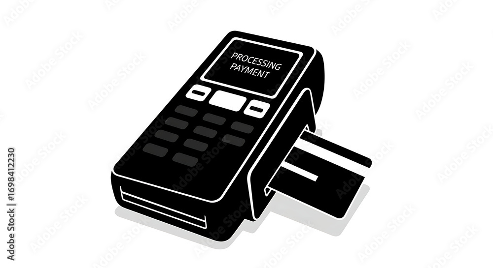 Monochrome vector icon of a point of sale terminal processing an ...