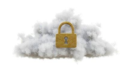 An illustration depicts a goldcolored padlock floating in the center of a gray cloud
