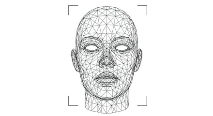 Wireframe face scan geometric mesh forming a human head enclosed in a squared border Minimalist modern aesthetic