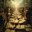 © LORA - A surreal path paved with open and stacked books winds through a mystical forest toward a bright, distant light.