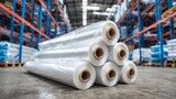 Stacked plastic wrapping rolls in a warehouse. Storage and distribution of industrial packing materials. Commercial shipping supply for parcel protection.