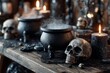 © Vitalii Shkurko - Smoke rises from a bubbling cauldron surrounded by skulls and dark candles in a dimly lit witches workshop. The scene evokes a sense of magic and mystique
