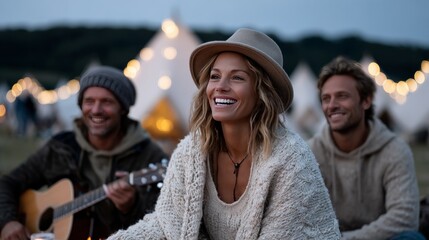 Wall Mural - Happy young caucasian adults enjoying music and camping with friends outdoors