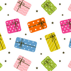 Wall Mural - Cute seamless pattern with colorful gift boxes isolated on white background.Repeat pattern of gifts with ribbons for birthday, new year, Christmas, valentine or others.Present vector illustration.