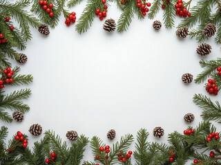 christmas frame with fir, red berries, pinecones on white; wide copy space for greeting cards or ban