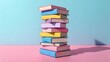 © Ramani - Stack of Colorful Books – Vertical Arrangement on Pink and Blue Background, Education, Creativity, Abstract, Knowledge, Whimsical, Minimalist