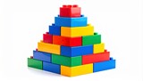 Bright plastic building block tower constructed with multiple shapes and sizes featuring vibrant primary colors durable design creative learning educational toy set isolated on white background