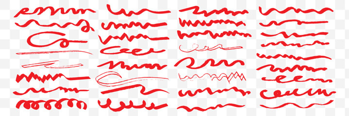 Wall Mural - Red hand drawn brush strokes set. Sketched doodle scrawl lines collection. Zig zag, wavy, squiggle scribble stripe pack. Red marker note sign bundle for mark, emphasis, accent, highlight. Vector