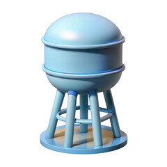 Stylized light blue water tower miniature object against a dark backdrop transparent background