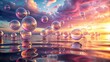 © InspireStock Gallery - Serene Sunset  Floating orbs reflect the warm, vibrant hues of a breathtaking evening sky, gently bobbing on the tranquil water's surface.