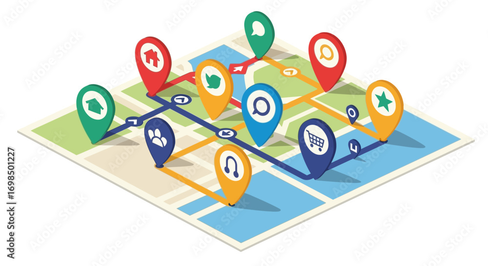 Colorful Map with Location Pins Showing a Route. Stock Vector | Adobe Stock