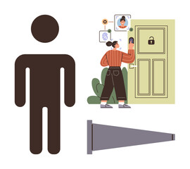Wall Mural - Person using facial recognition to open smart door with biometrics. Ideal for security, technology, privacy, innovative access, AI, smart devices, and automation. Modern simple flat metaphor