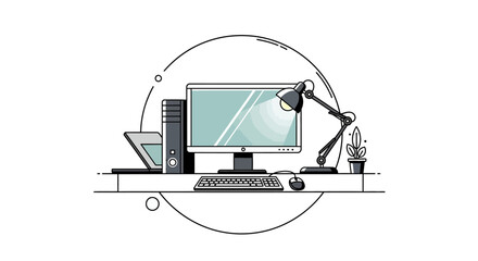 An illustration of various modern computer technology icons, including a laptop, desktop, and a computer mouse