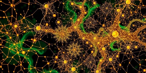 Wall Mural - Intricate golden & green neural network, abstract design,  synapse,   golden ratio