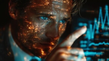 Analyzing Data: The image of a man immersed in data, contemplating complex information displayed on a screen, suggesting intelligence and analysis.