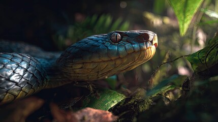 an intense close up of a snake's face, its scales shimmering with highlights, and it appears to be g