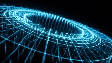 A glowing blue donutshaped grid hovers against a dark background