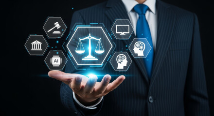 Professional legal expert showcases AI innovation and justice concepts with digital interface