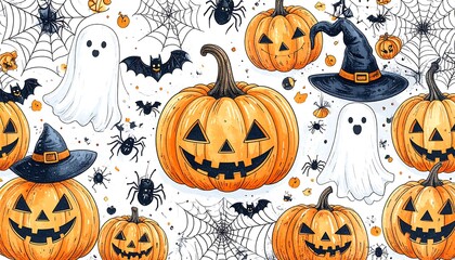 Halloween pattern with pumpkins, ghosts, bats, and spiders