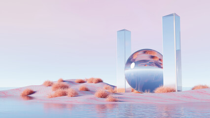Wall Mural - 3d render, surreal abstract landscape with glass sphere and mirror towers