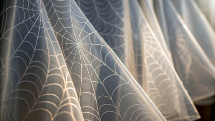 Close-up of Halloween White Spiderweb Pattern on Translucent Fabric image photo