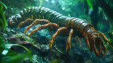 Large marine isopod crawls over rocks in a vibrant underwater ecosystem. Scene is filled with green seaweed and clear blue water.