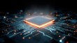 © Bee - Digital Heart: A dynamic CPU core illuminates in an electrifying blue glow, embedded within an intricate circuit board. The image is a photorealistic depiction of technology.