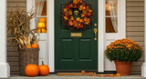 Autumn decor welcomes with bright mums and corn stalks on porch, showcasing autumn atmosphere at front door. Elaborate autumn decor is great to see for guests arriving to home.