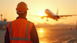 © EPICreation - Back view portrait of airport construction site worker in safety vest, observes airplane, aircraft taking off during sunset, aerodrome operation management - engineering, aviation, travel concept