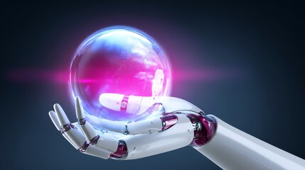 Futuristic robot hand holding glowing holographic globe, artificial intelligence representation, high-resolution digital illustration.