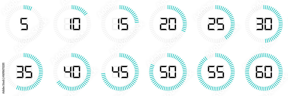 Digital countdown timer icons from 5 to 60 second, circular progress ...