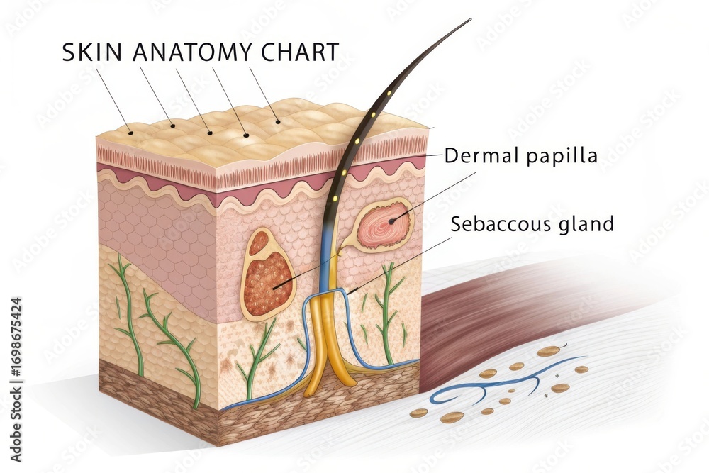 Detailed cross-sectional view of human skin and hair follicle anatomy ...