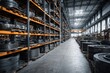 © EUT - Metal parts fill tall shelves in a huge factory warehouse. Show efficiency, storage, manufacturing, or industrial power.