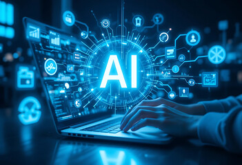 artificial intelligence concept with glowing ai letters on laptop screen
