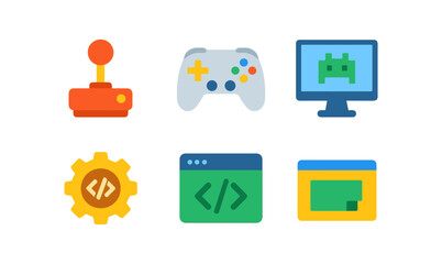Game development icon set with joystick, gamepad, monitor, and coding elements for digital design