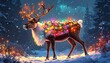 © KEPLEH - Reindeer covered in Christmas lights stands in a snowy, dark winter forest