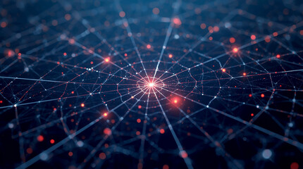 futuristic spider web or radar chart with glowing, interconnected lines. The chart is made of thin, white lines against a dark background, with a few prominent, vibrant points of light