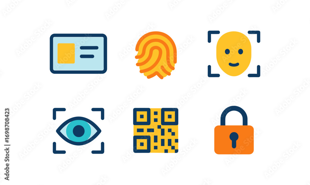 Digital identity icons: fingerprint, qr code, and security concepts for ...