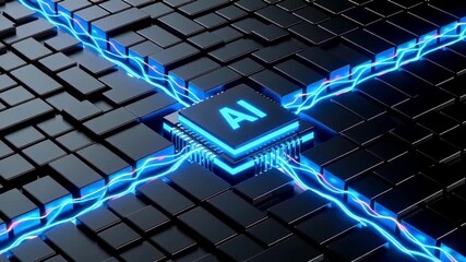 Dynamic AI chip processing data with glowing blue energy streams, symbolizing innovation and future tech