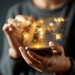 Person holding smartphone with digital world map and chinese text overlaying phone screen display