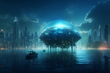 Wall Mural - A glowing city built on the back of a giant sea creature, floating through the ocean