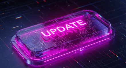 Illuminated update button on circuit board offers software improvements. Update button with glowing neon colors promises latest improvements for software applications.