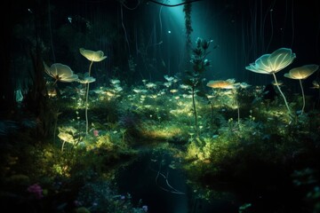 Wall Mural - A cosmic garden where plants are made of glowing light, gently swaying in the breeze