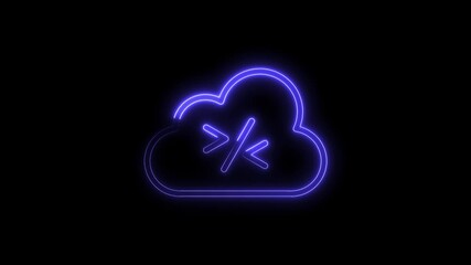 Wall Mural - Glowing blue neon cloud with code symbol animation on black background