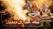 © River - Friends celebrate summer with sizzling barbeque of burgers, sausages and kebabs in golden sunlight