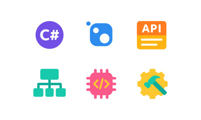 Tech tools icons set: programming, coding, api, network, and development symbols